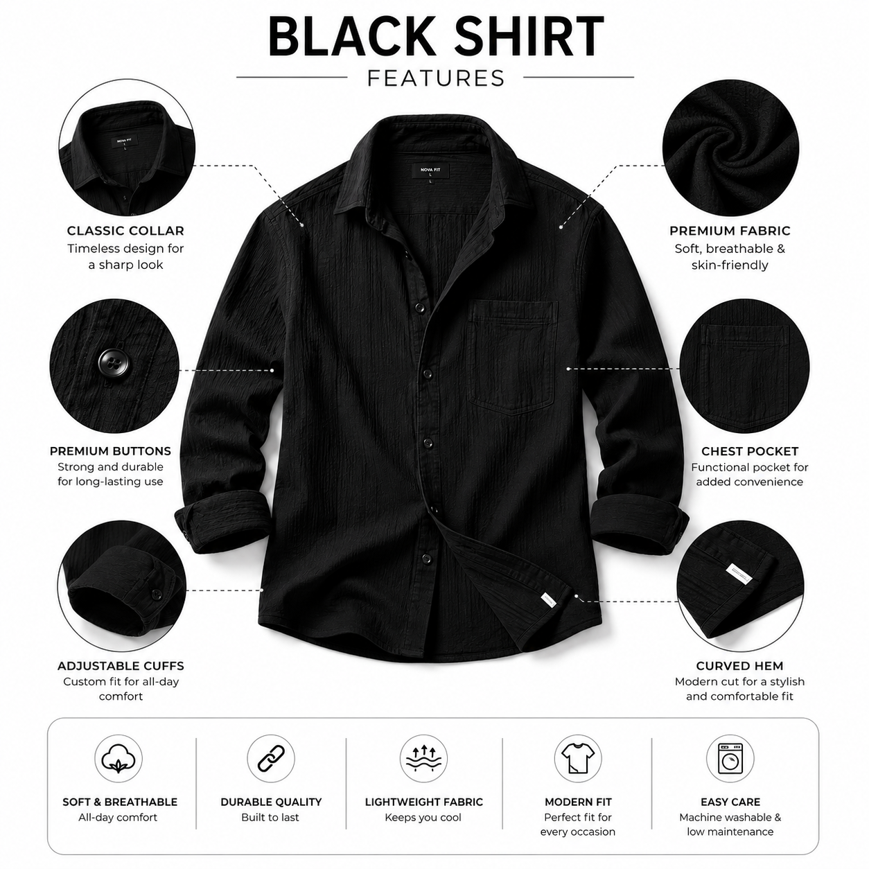 Nova Fit Premium Black Casual Shirt for Men | Slim Fit | Full Sleeve | Cotton Blend - Image 2
